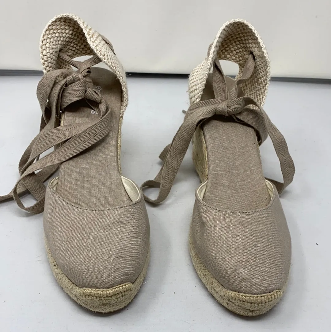 Soludos Beige Linen Espadrille Wedges 'Mallorca' 4"