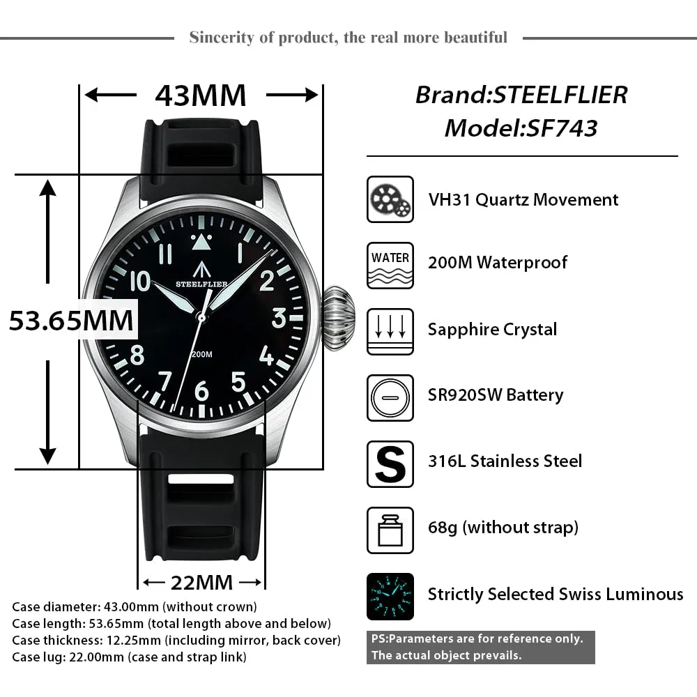 Steeldive SF743 43mm Big Pilot Quartz Watch