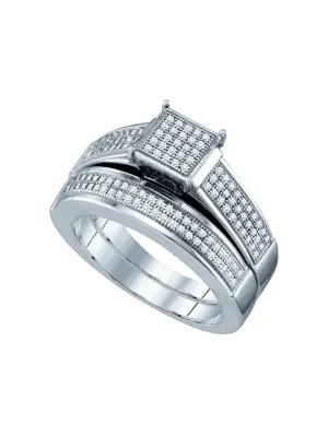 Sterling Silver Diamond Square Cluster Bridal Wedding Ring Band Set 3/8 Cttw