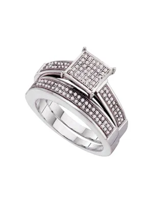 Sterling Silver Round Diamond Bridal Wedding Ring Band Set 1/3 Cttw