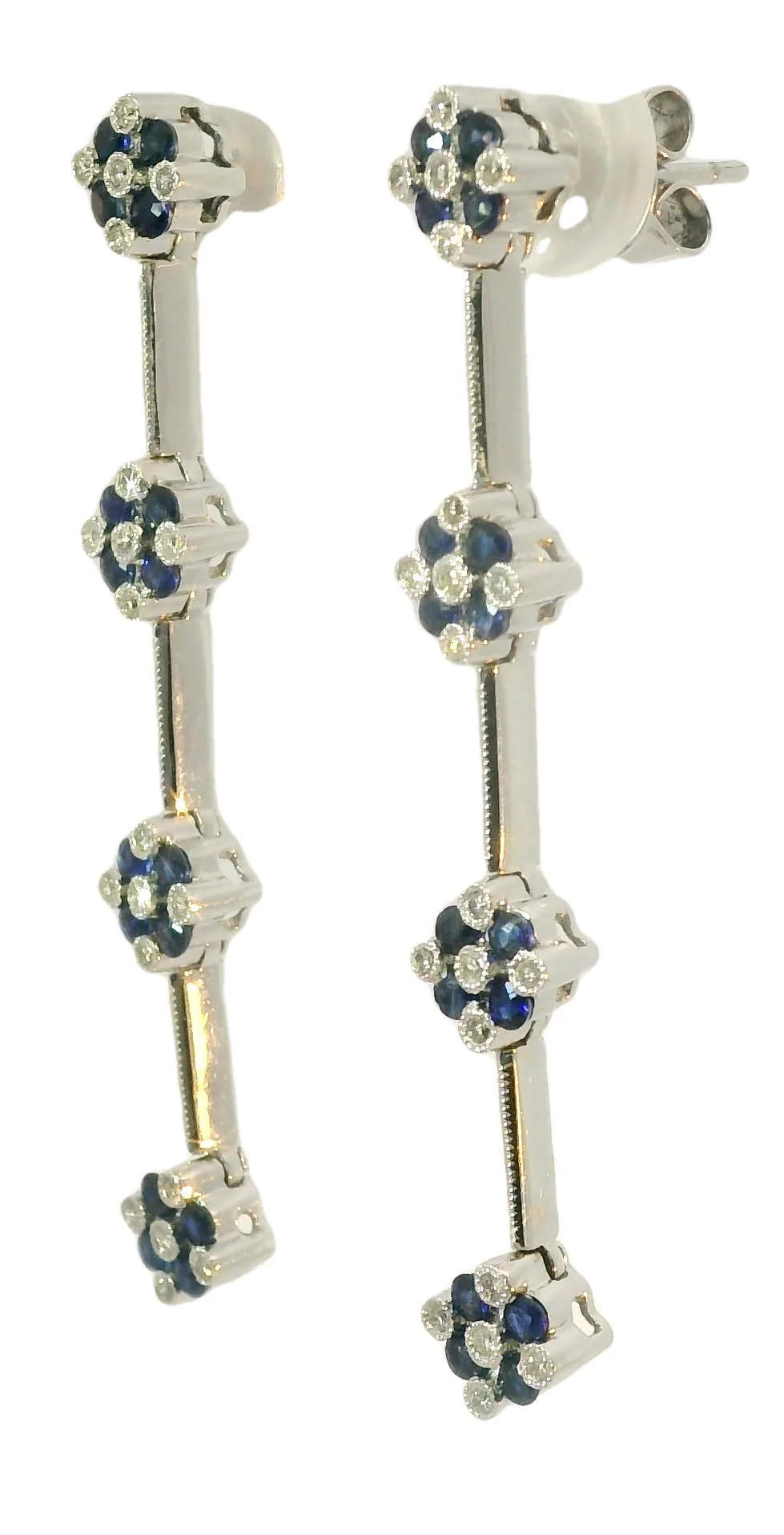 Stunning Estate 14K White Gold Diamond Sapphire Chandelier Floral Tier Earrings