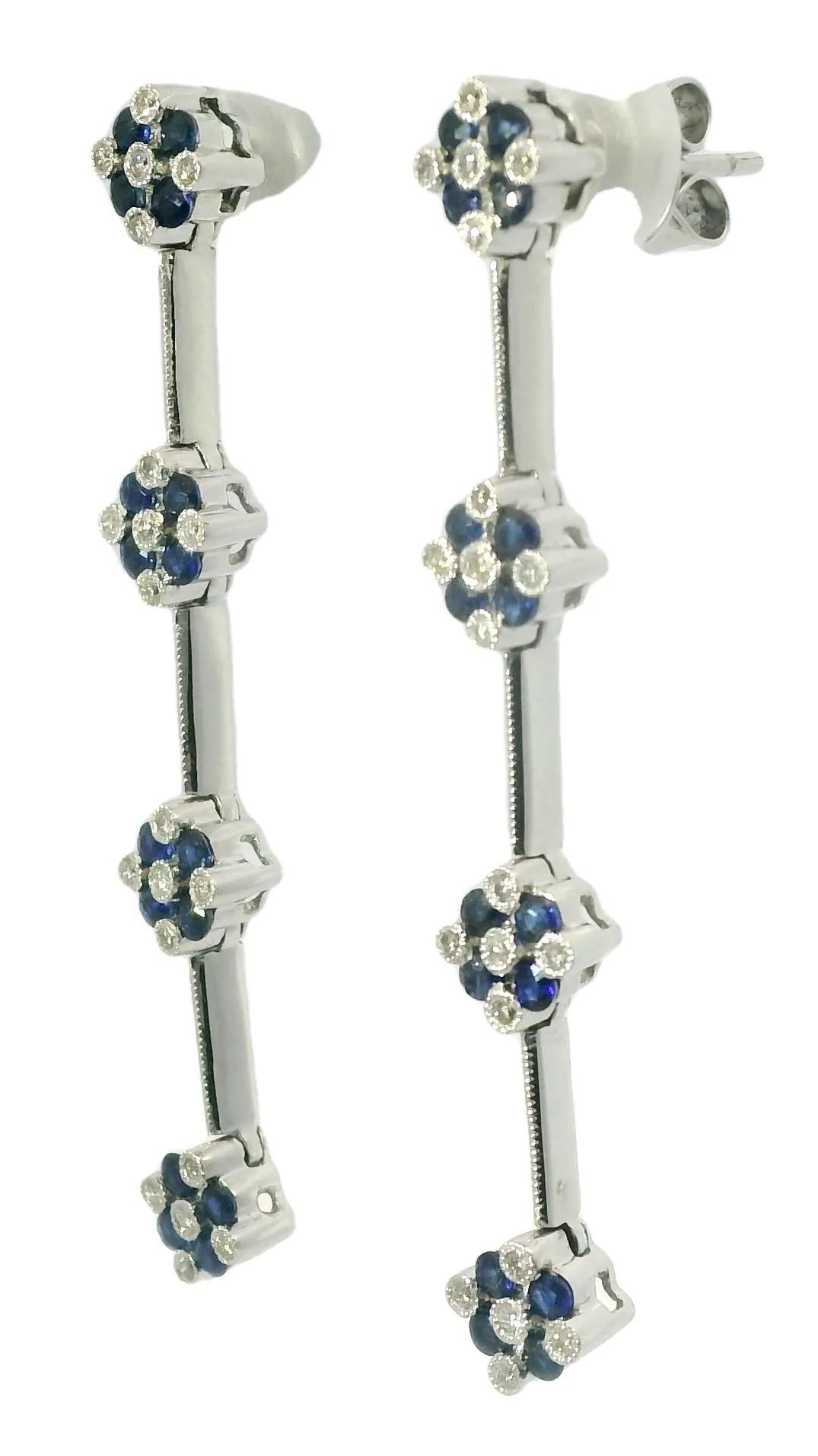 Stunning Estate 14K White Gold Diamond Sapphire Chandelier Floral Tier Earrings