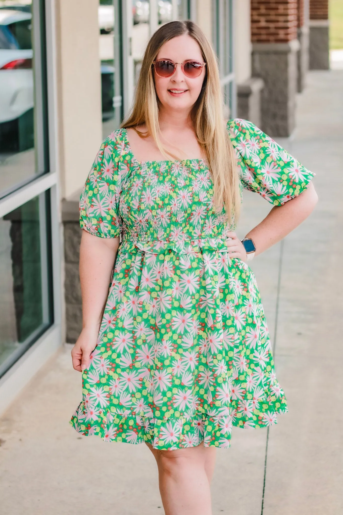 Summer Green Floral Smocked Dress