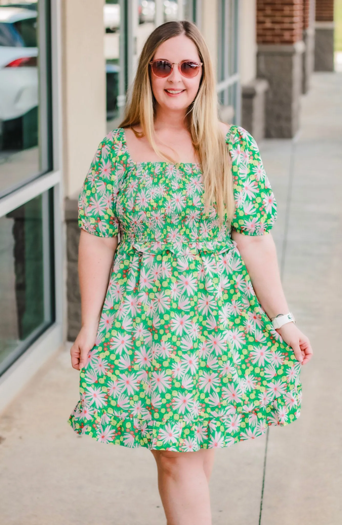 Summer Green Floral Smocked Dress
