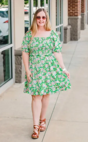 Summer Green Floral Smocked Dress