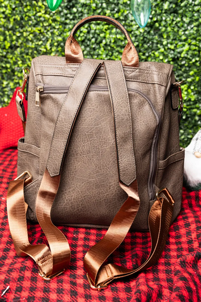 Taupe Brown Faux Leather Anti-Theft Backpack Tote