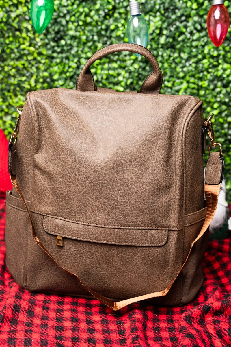 Taupe Brown Faux Leather Anti-Theft Backpack Tote