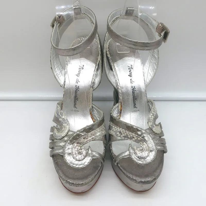 Terry de Havilland Platform Wedge Sandals Silver Metallic Snakeskin Size 37