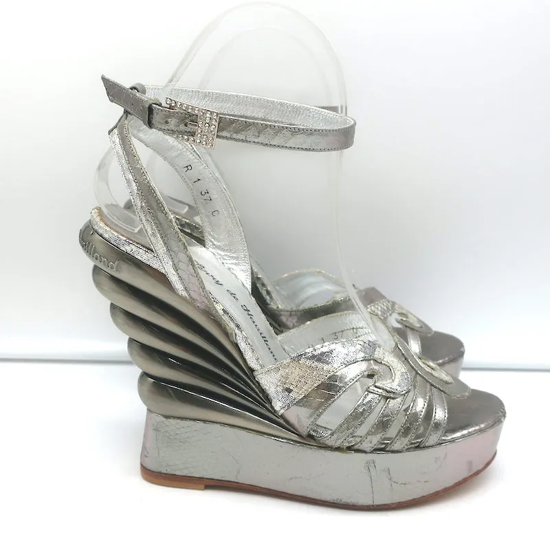 Terry de Havilland Platform Wedge Sandals Silver Metallic Snakeskin Size 37