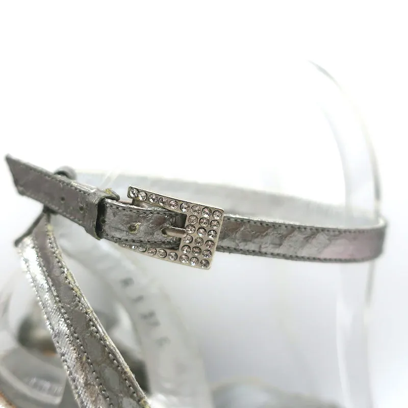 Terry de Havilland Platform Wedge Sandals Silver Metallic Snakeskin Size 37