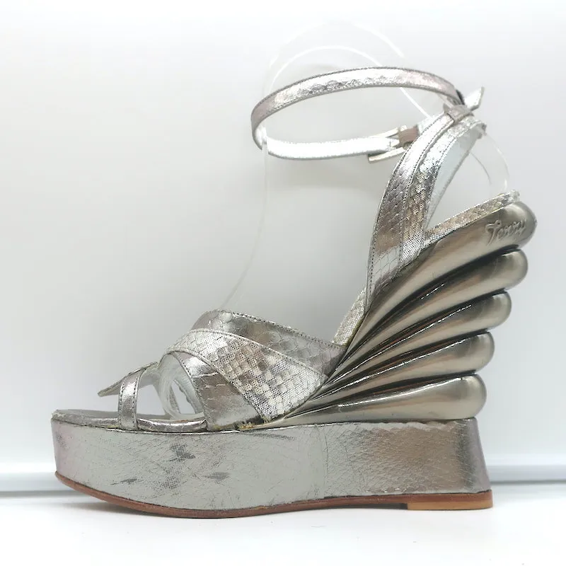 Terry de Havilland Platform Wedge Sandals Silver Metallic Snakeskin Size 37