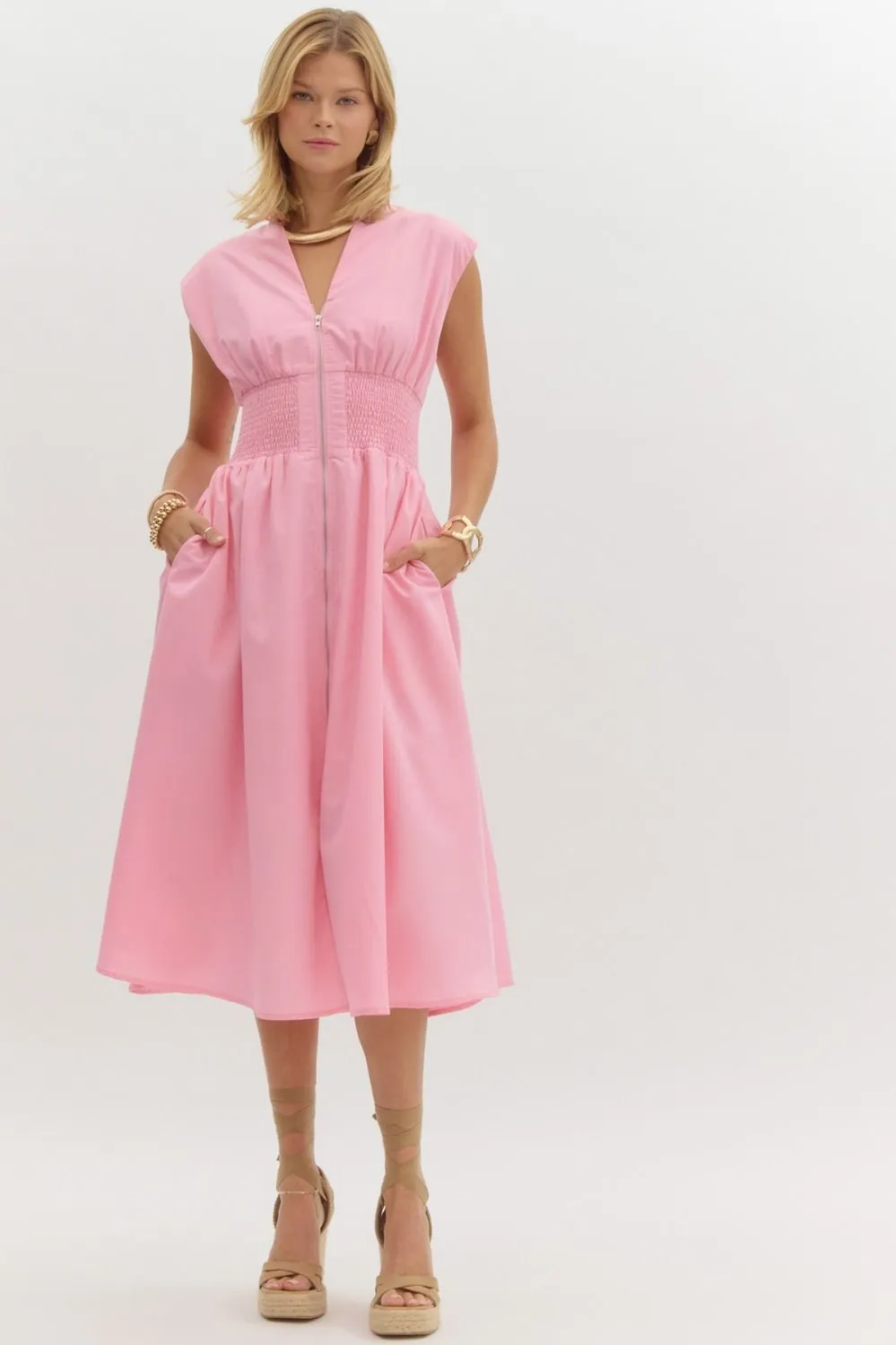 The Ivy Smocked Waist Midi Dress – Pink