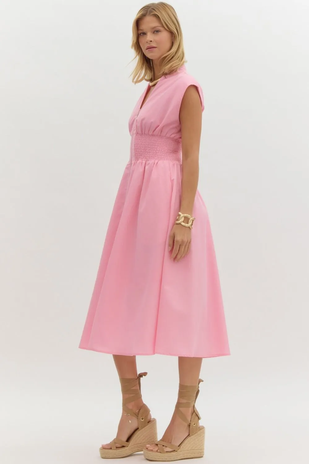 The Ivy Smocked Waist Midi Dress – Pink