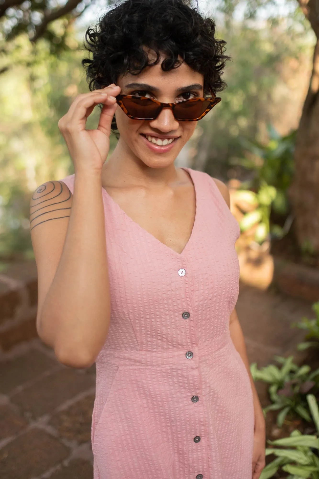 The Seersucker V Neck Dress with Buttons