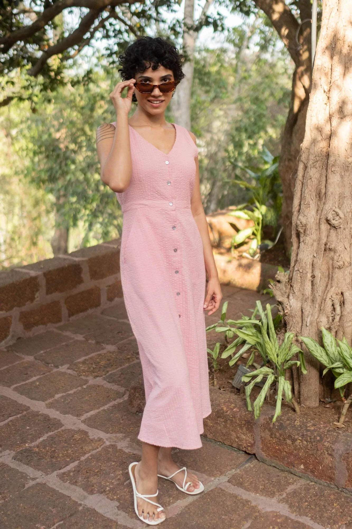 The Seersucker V Neck Dress with Buttons