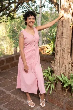 The Seersucker V Neck Dress with Buttons