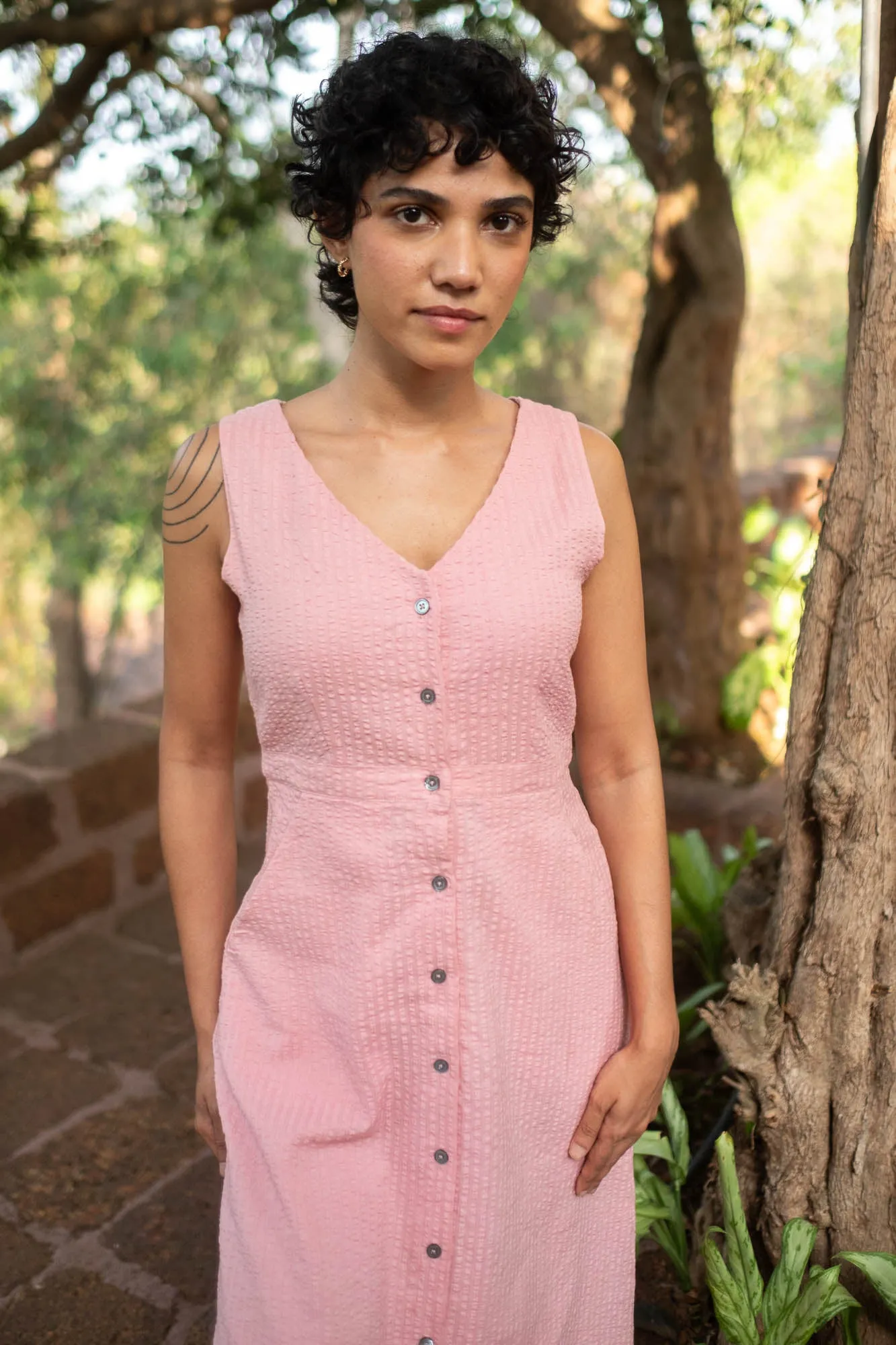 The Seersucker V Neck Dress with Buttons