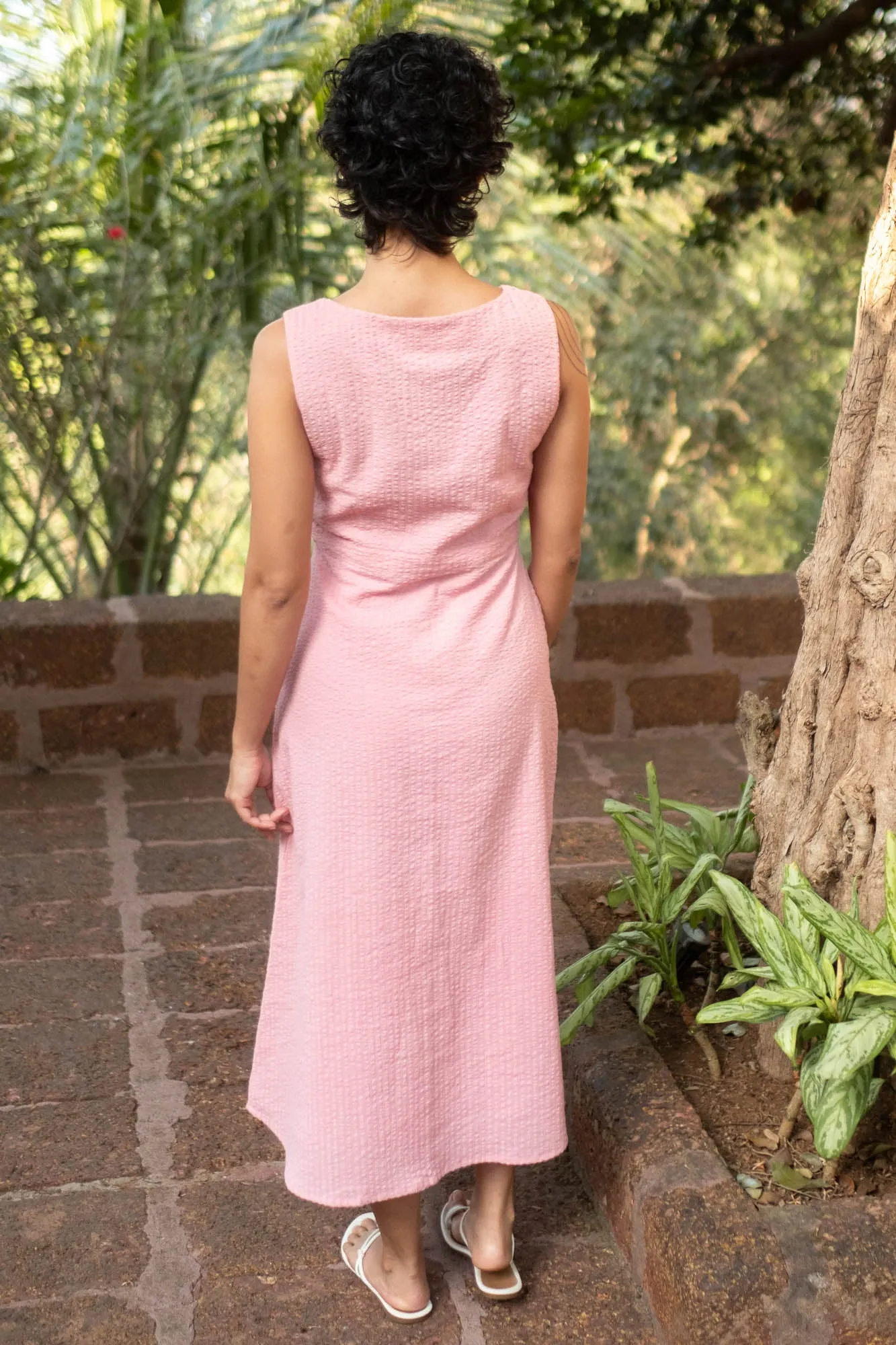The Seersucker V Neck Dress with Buttons