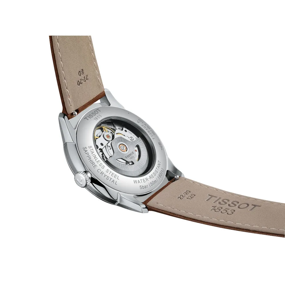 Tissot Chemin Des Tourelles Powermatic 80 Mens Stainless Steel Blue Dial Brown Leather Strap Watch