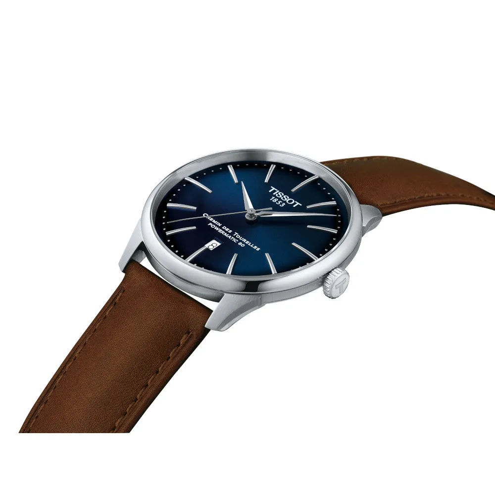 Tissot Chemin Des Tourelles Powermatic 80 Mens Stainless Steel Blue Dial Brown Leather Strap Watch