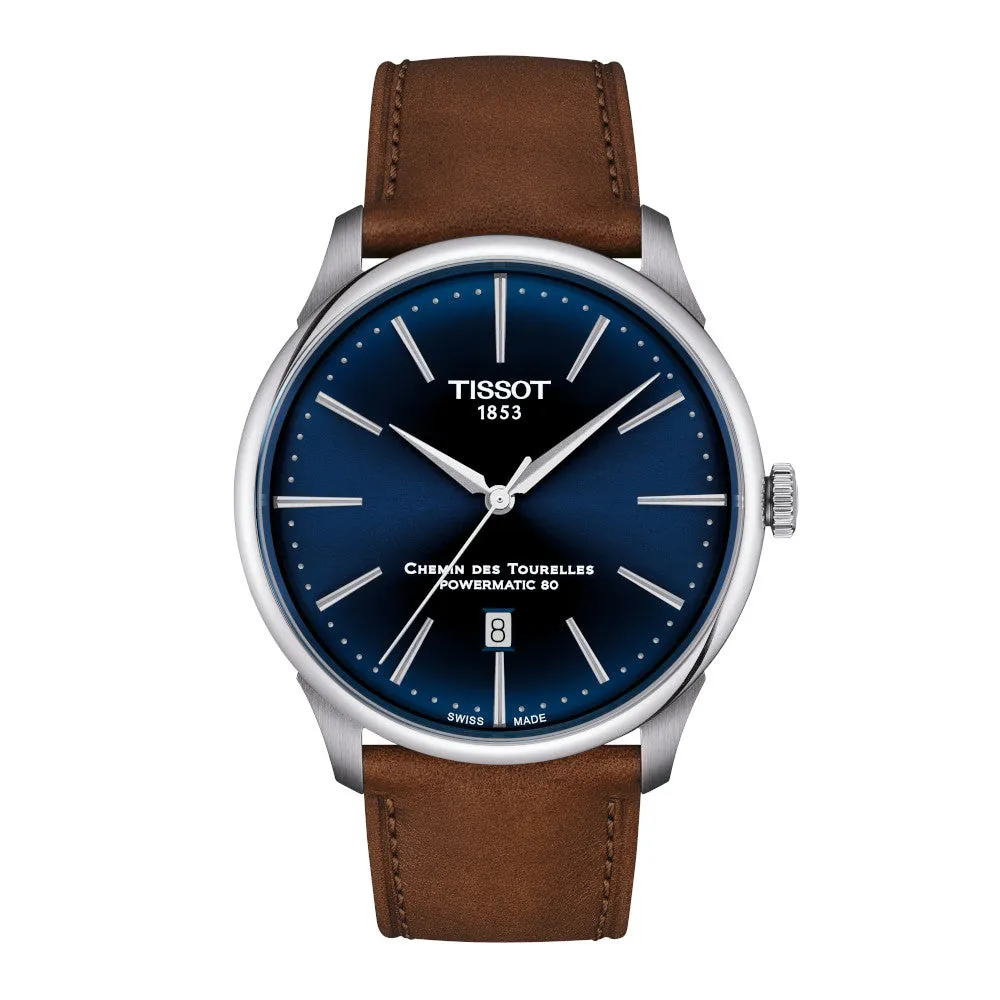 Tissot Chemin Des Tourelles Powermatic 80 Mens Stainless Steel Blue Dial Brown Leather Strap Watch