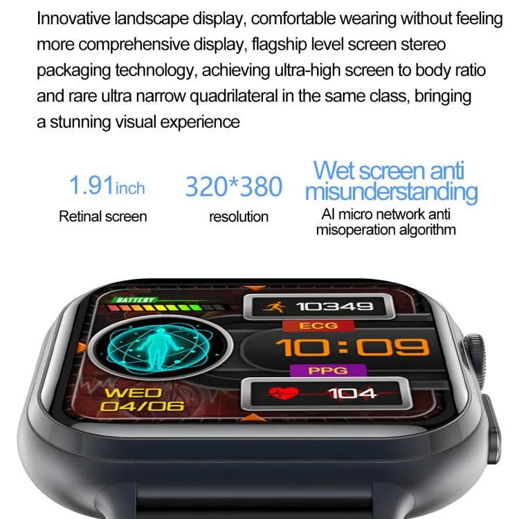 TK17 1.91 inch Horizontal Screen Silicone Strap Smart Watch Supports ECG Electrocardiogram(Black)