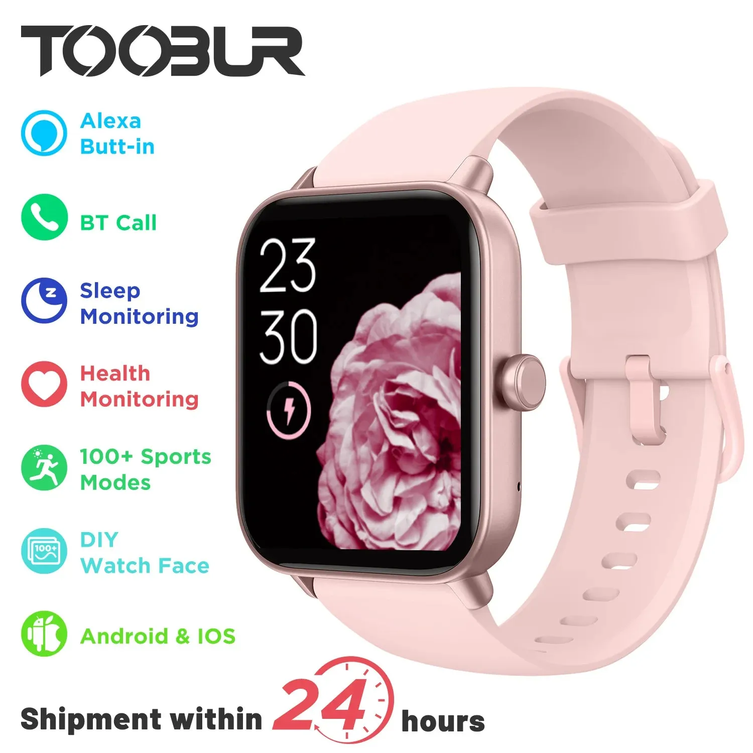 TOOBUR Smart Watch 1.8" Voice Assistant Compatible Android iOS Answer&Make Call Heart Rate Monitor Sleep Tracker Smart Watch