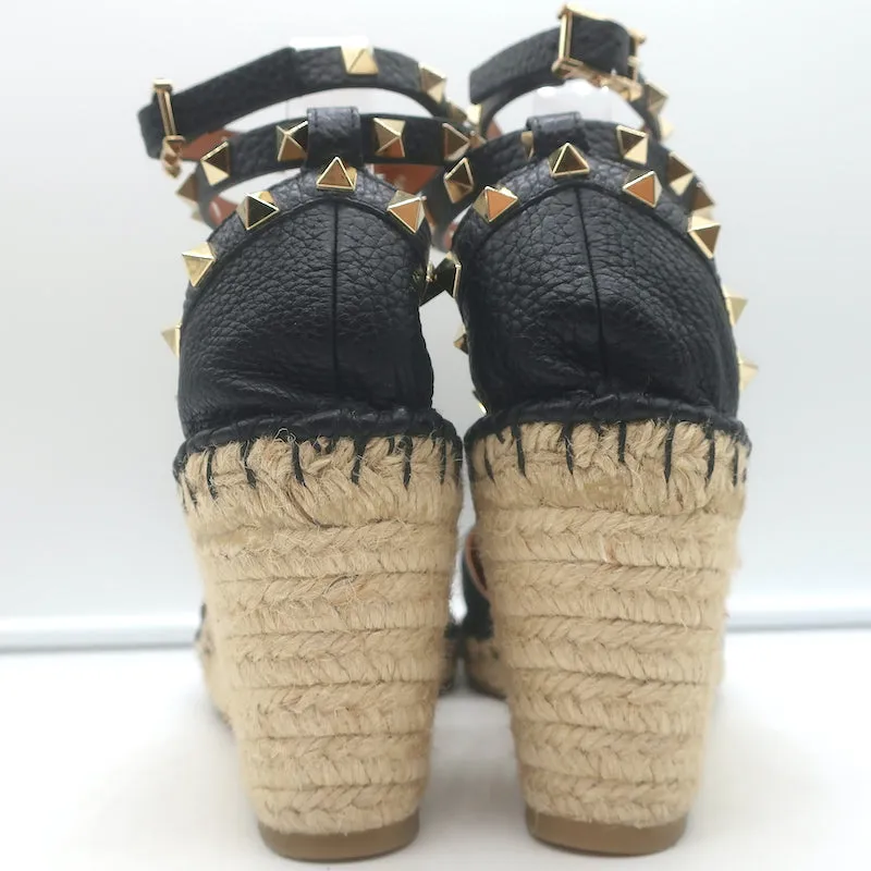 Valentino Rockstud Double Espadrille Wedges Black Grained Leather Size 41