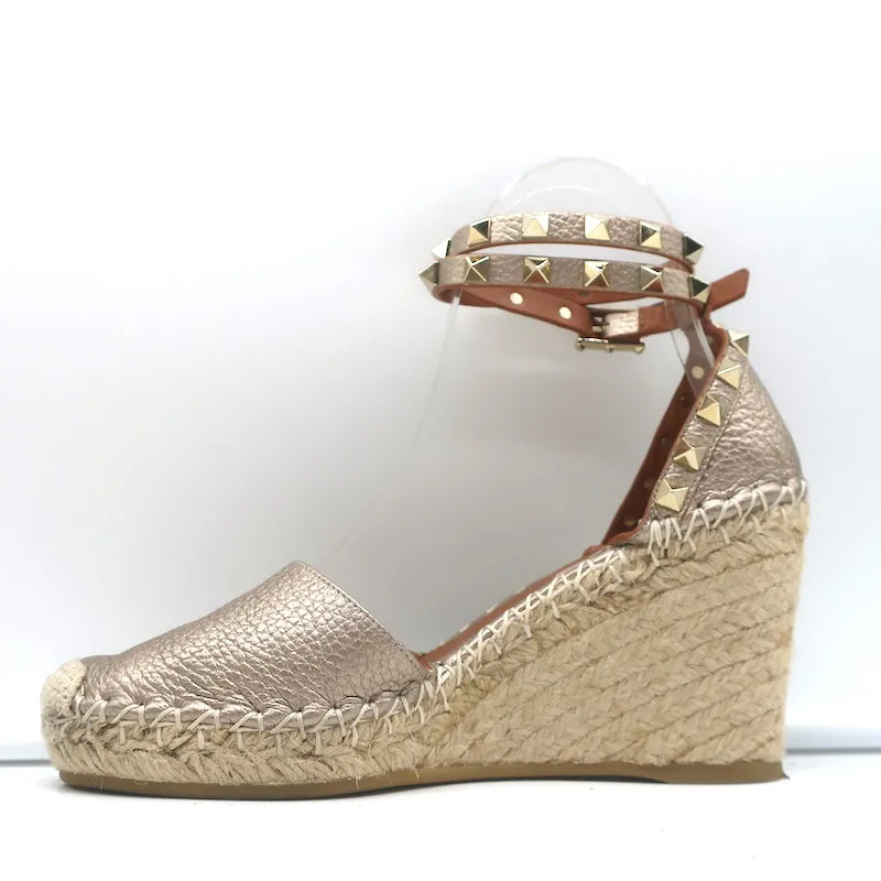 Valentino Rockstud Espadrille Wedges Rose Gold Metallic Leather Size 35
