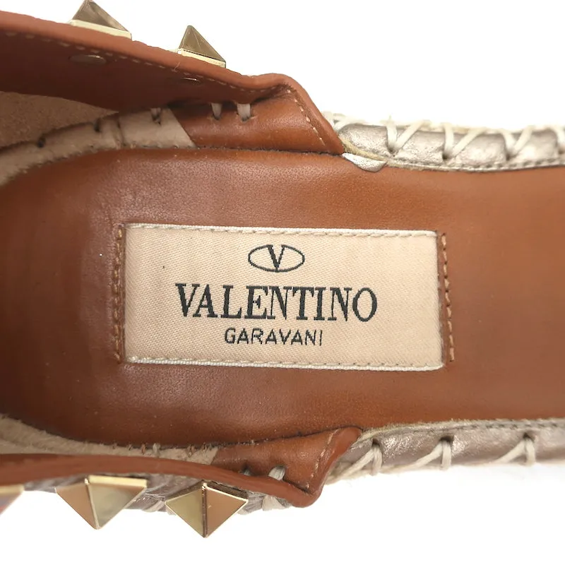 Valentino Rockstud Espadrille Wedges Rose Gold Metallic Leather Size 35