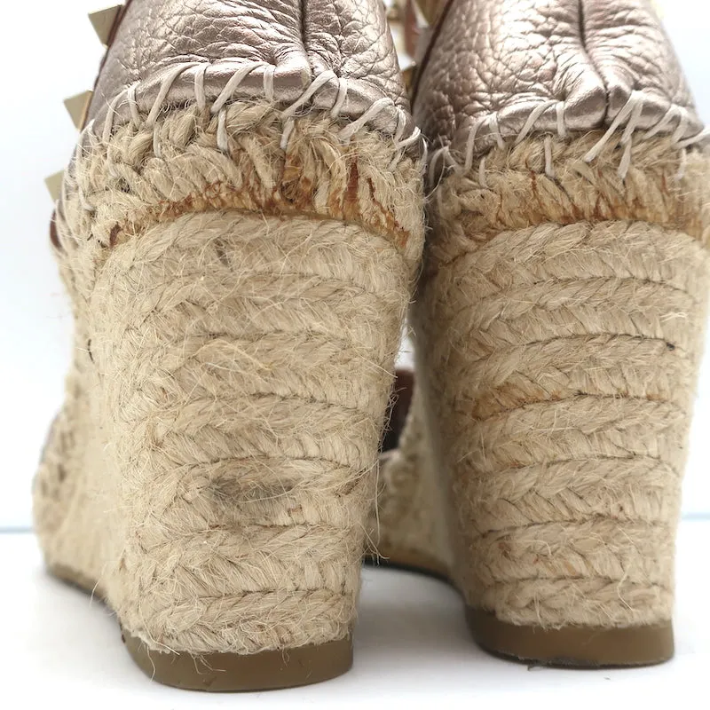 Valentino Rockstud Espadrille Wedges Rose Gold Metallic Leather Size 35