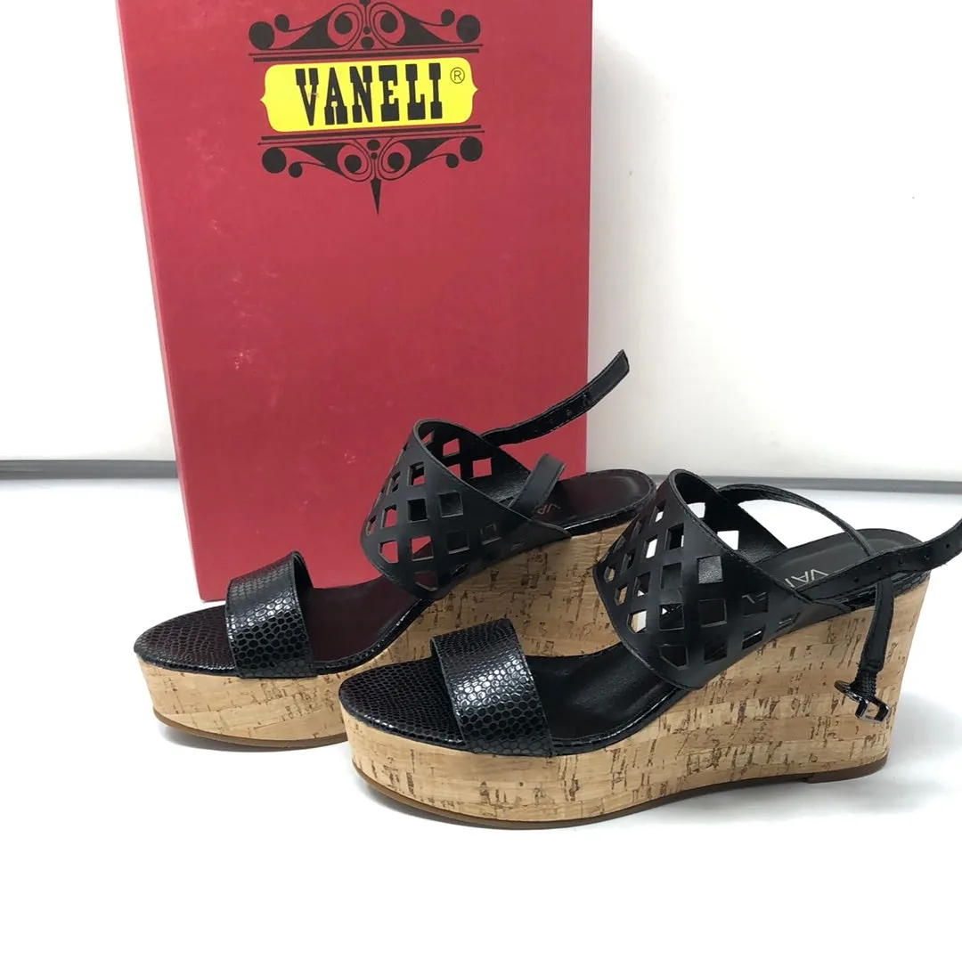 VANELI Black Open Toe Cork Wedge Sandal