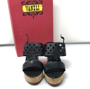 VANELI Black Open Toe Cork Wedge Sandal