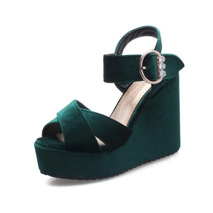 Velvet Women Platform Sandals Wedge Heels Shoes for Summer 4285
