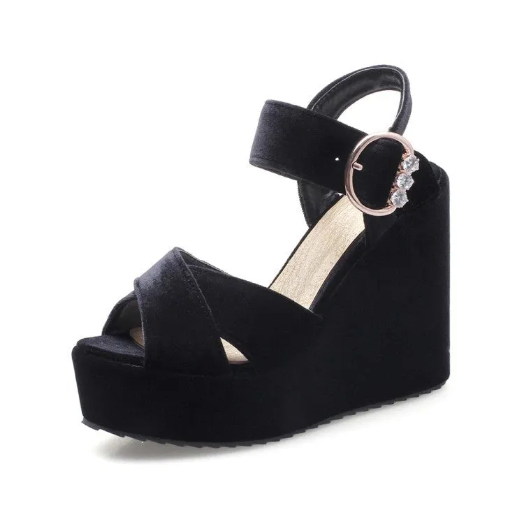Velvet Women Platform Sandals Wedge Heels Shoes for Summer 4285