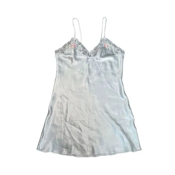 vintage silky satin floral embroidered white mini slip dress lingerie M coquette