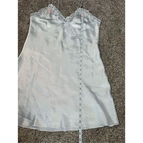 vintage silky satin floral embroidered white mini slip dress lingerie M coquette