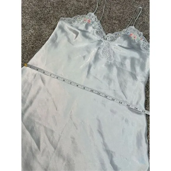 vintage silky satin floral embroidered white mini slip dress lingerie M coquette
