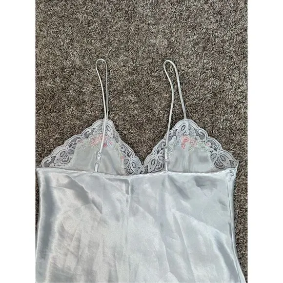 vintage silky satin floral embroidered white mini slip dress lingerie M coquette