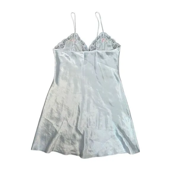 vintage silky satin floral embroidered white mini slip dress lingerie M coquette