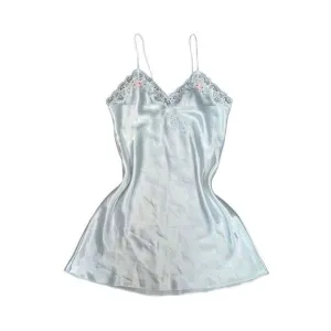 vintage silky satin floral embroidered white mini slip dress lingerie M coquette