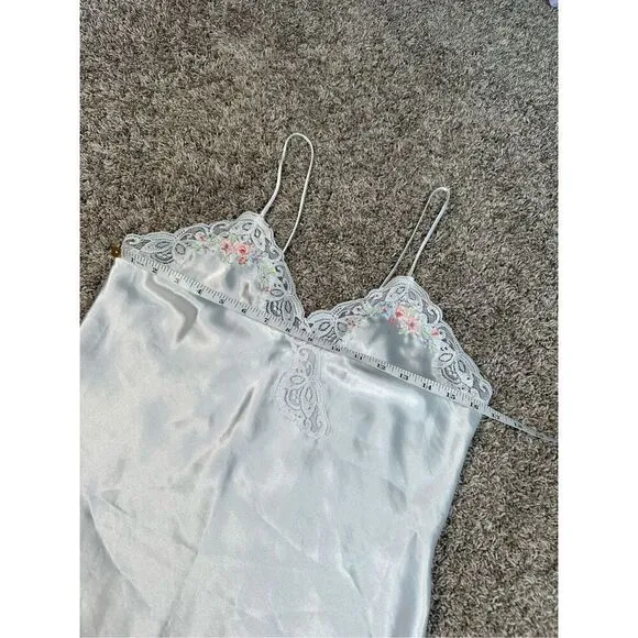 vintage silky satin floral embroidered white mini slip dress lingerie M coquette
