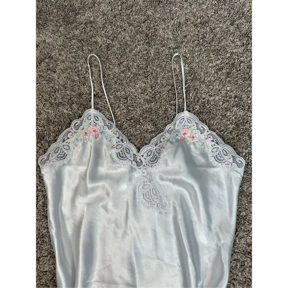 vintage silky satin floral embroidered white mini slip dress lingerie M coquette