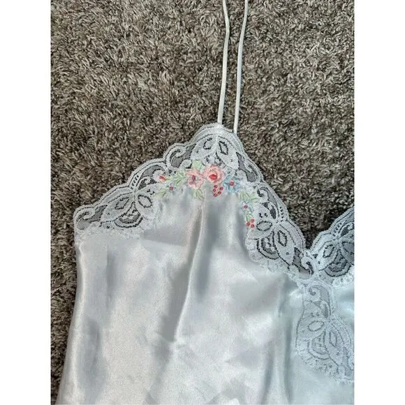vintage silky satin floral embroidered white mini slip dress lingerie M coquette