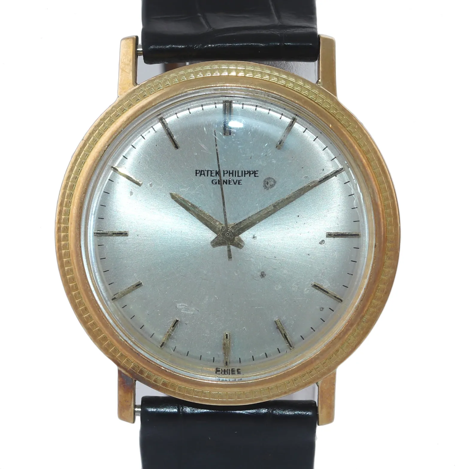 VTG Patek Philippe Calatrava 3569 18k Yellow Gold 35mm Silver Hobnail Watch