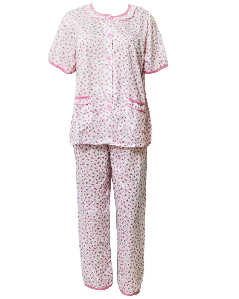 White & Pink Printed 2 Pcs Pocket Nightdress For Girls Front Open - Women Nightdress