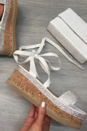 White Diamante Embellished Lace Up Wedges - Phillis