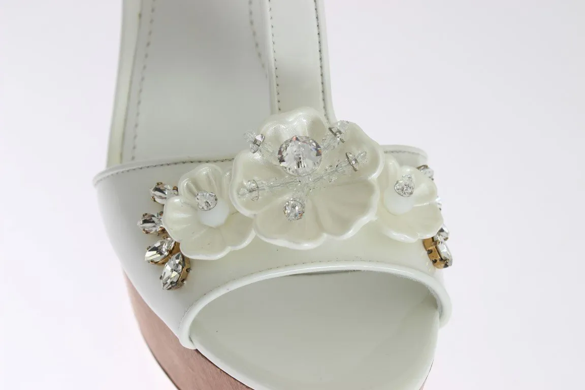 White Leather Crystal Wedges Sandals