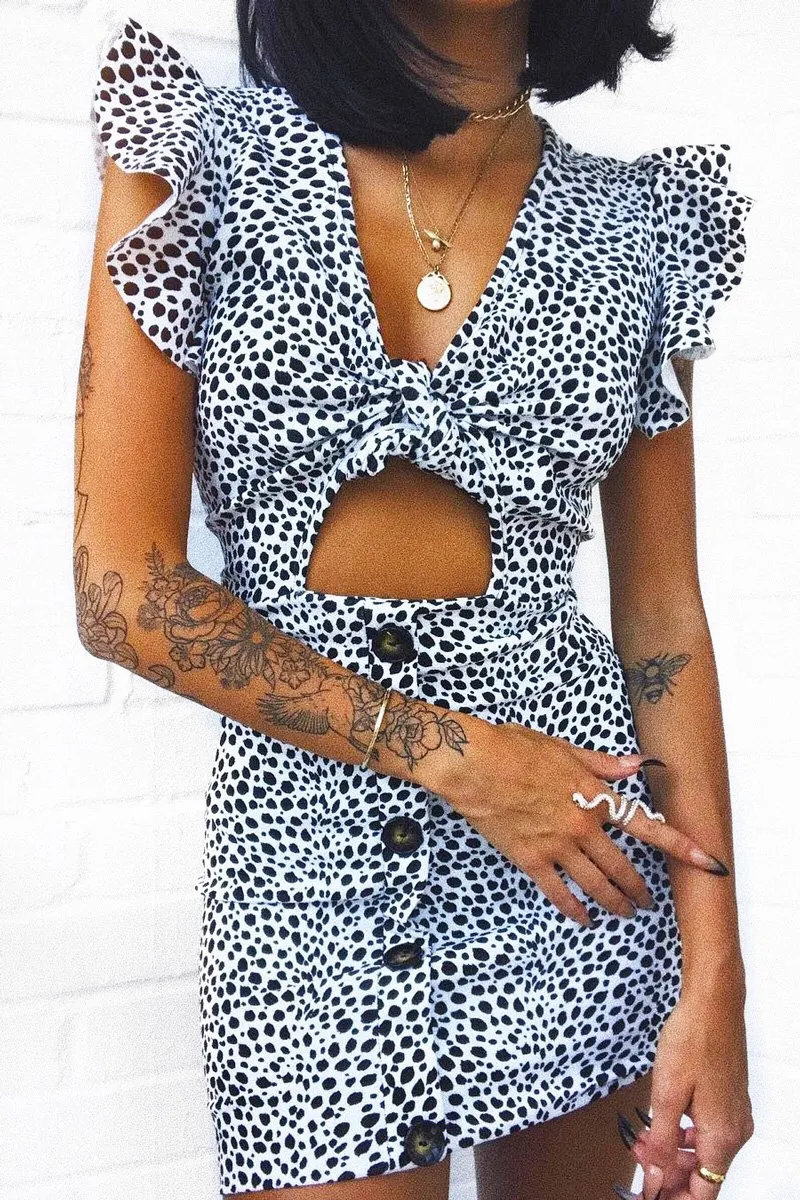 White Leopard Print Tie Button Front Bodycon Dress - Aaira