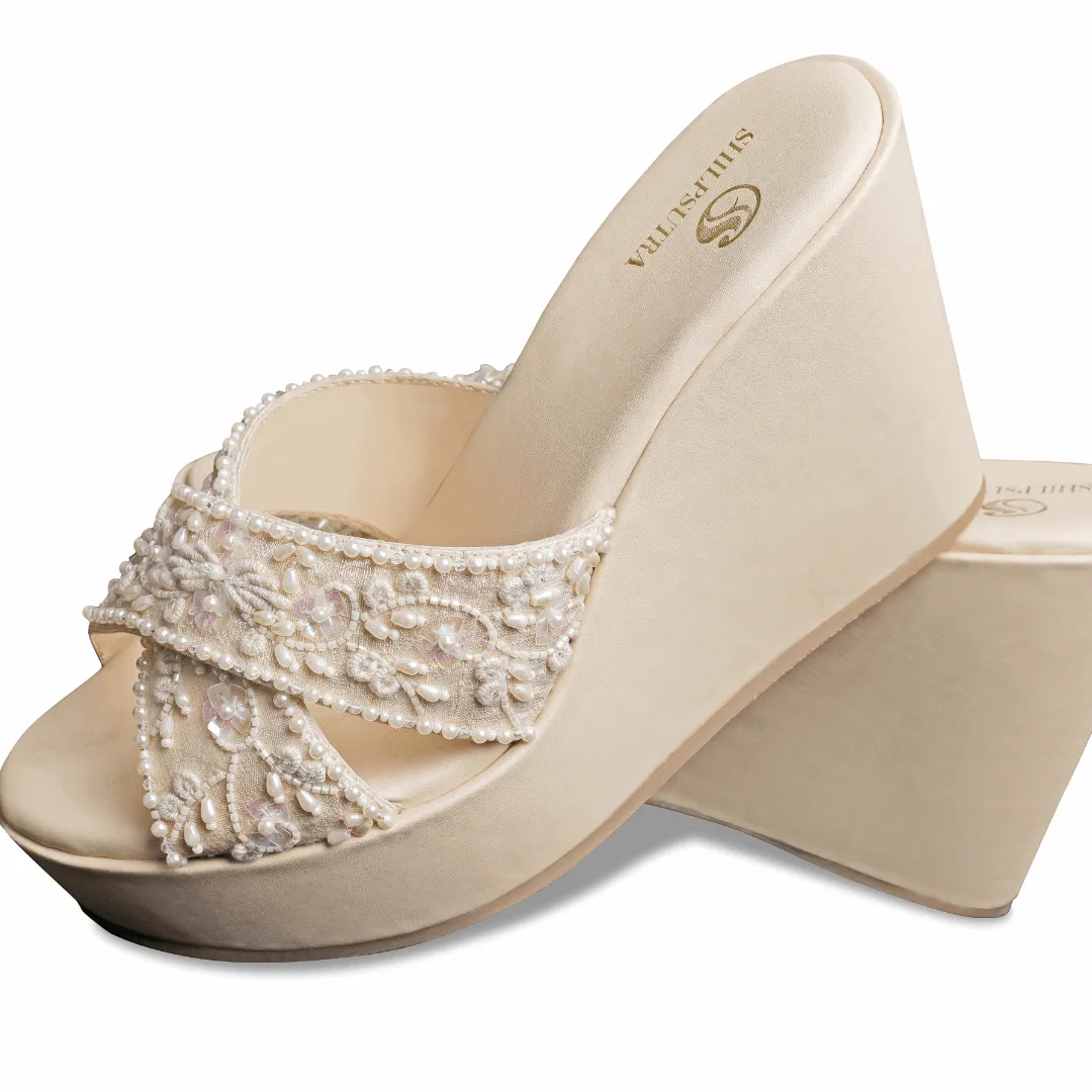 White Pearl Crystal Embedded Height Booster Wedges - Elegant Comfort